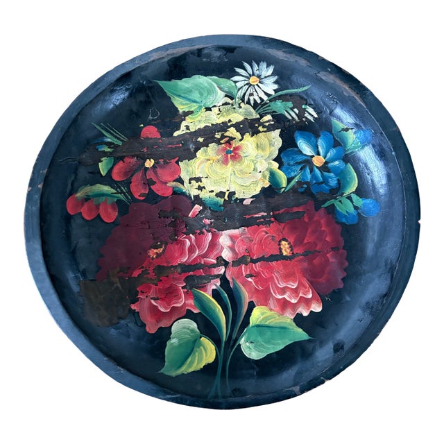Vintage Hand Carved and Hand Painted Round Floral Wooden Tray For Sale