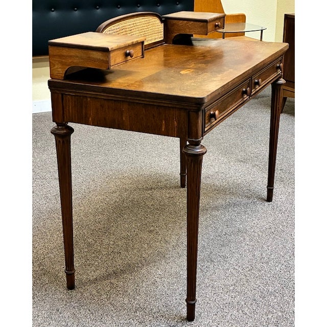 Walnut Writing Desk With Drawers and Wicker Accents With Complimentary Matching Wooden Wicker Chair For Sale - Image 12 of 13