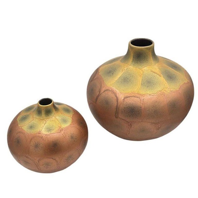 Art Nouveau 1970s Art Nouveau Weller Style Iridescent Amber & Gold Raku Fired Vase, Pair For Sale - Image 3 of 14