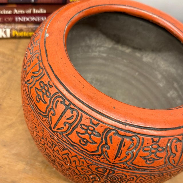 Rustic Burnt Orange Cinnabar Hibachi with Hand-Carved Designs For Sale - Image 3 of 12