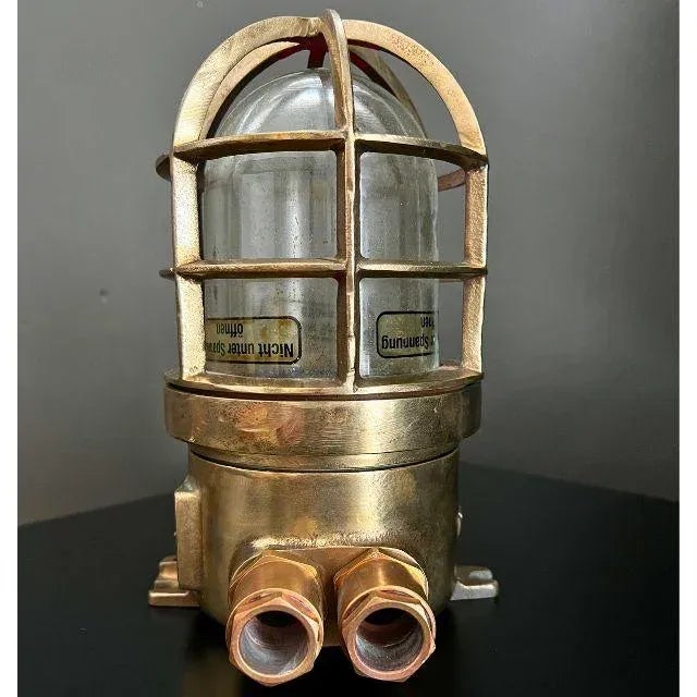 Industrial Early 20th Century Wiska Brass Cage Ship Ceiling Light With 2 Side Conduits For Sale - Image 3 of 12