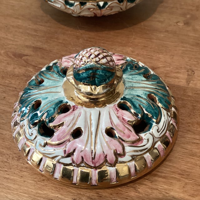 Early 20th Century Vintage Majolica Capodimonte Italy Dish & Cover 363/502 Adorable Color Palette Golden Rim and Details For Sale - Image 5 of 12