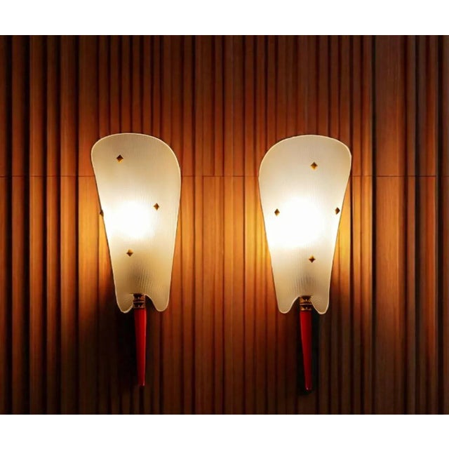 Metal Vintage Wall Lights with Textured Shades and Red Details, 1950s, Set of 2 For Sale - Image 7 of 11
