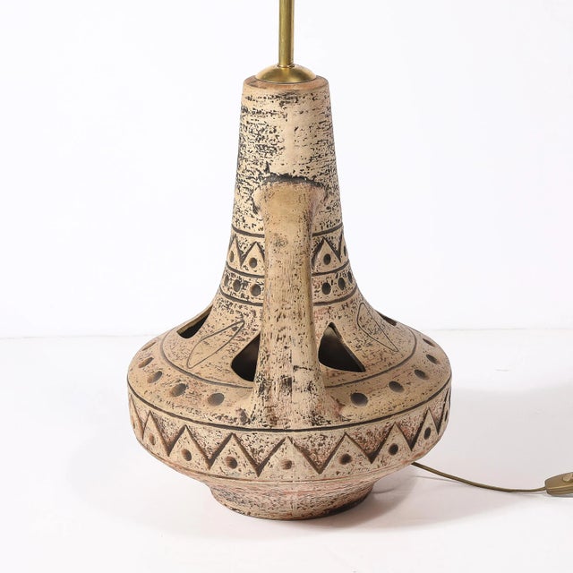 Mid-Century Ceramic Table Lamp W/ Geometric Umber Motifs & Organic Cutout Detail For Sale - Image 12 of 14