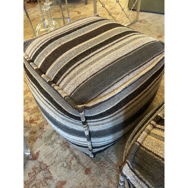Modern Cube Shaped Striped Upholstered Poufs For Sale - Image 3 of 7