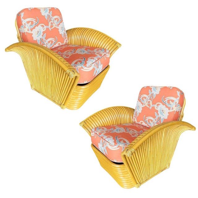 This beautifully restored Art Deco living-room set features two rattan fan arm lounge chairs and matching 3 seat sectional...