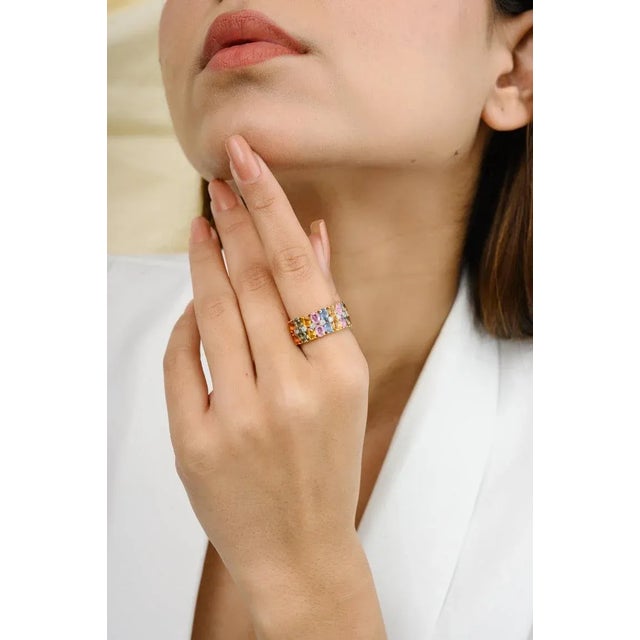 This is part of Chairish’s Fine Jewelry assortment. Multi Color Sapphire Diamond Wide Band Ring in 18k gold symbolizes the...