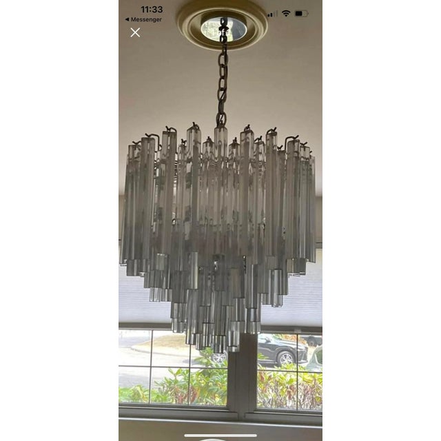 Mid-Century Modern Vintage Mid-Century Modern Italian Murano Glass Triedi Venini Chandelier in Silver Chrome For Sale - Image 3 of 12