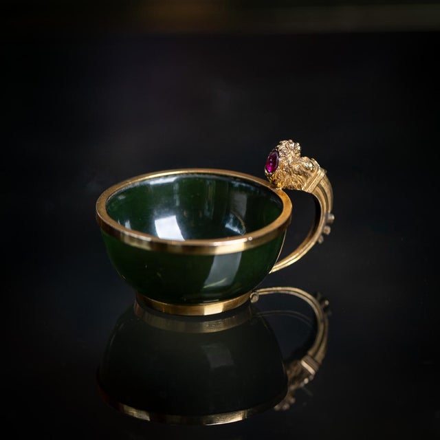 Antique 19th Century French 18k gold, nephrite, diamond and ruby miniature cup / charka made in a Russian style. The body...