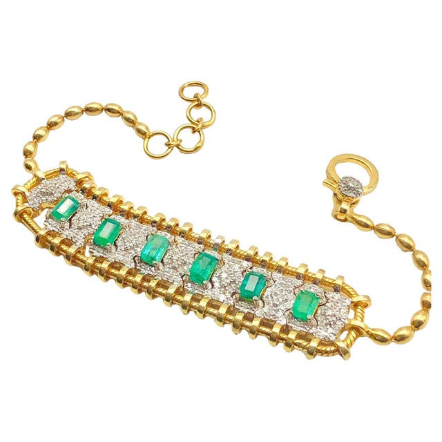 Bochic “Vintage Retro” Oval Natural Emeralds from Zambia & Diamonds Set In 18K Gold & Silver Natural Green Emeralds Oval...