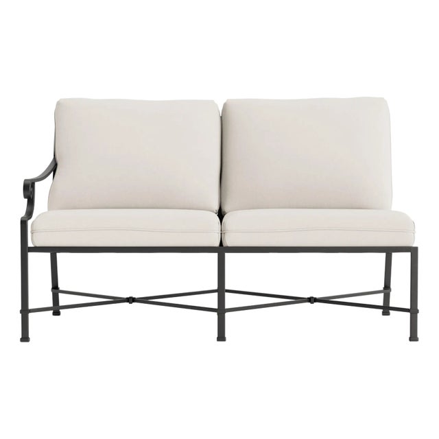 Brown Jordan Venetian Left Arm Loveseat, Textured Pewter frame with Fusion Natural fabric For Sale