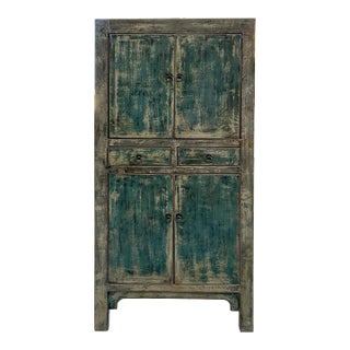 Distressed Olive Green Rim Teal Blue Doors Storage Cabinet For Sale