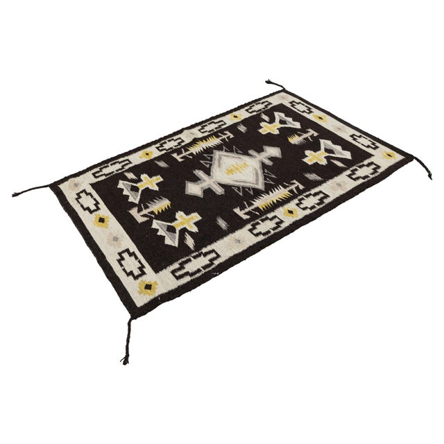 Charcoal Modern Navajo Style Handmade Wool Area Rug in Black, Cream & Ochre Accent For Sale - Image 8 of 8