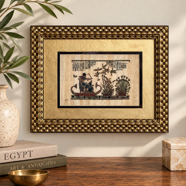 Vintage Signed Egyptian Papyrus Nile Hunting Scene in Textured Gold Frame For Sale - Image 12 of 13