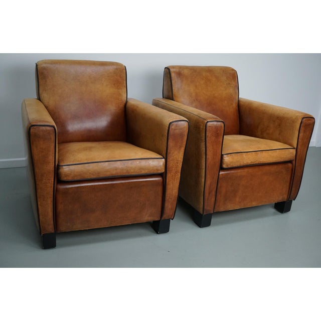 Vintage Dutch Cognac Leather Club Chairs, 1970s, Set of 2, in Good conditions. Designed 1970 to 1979