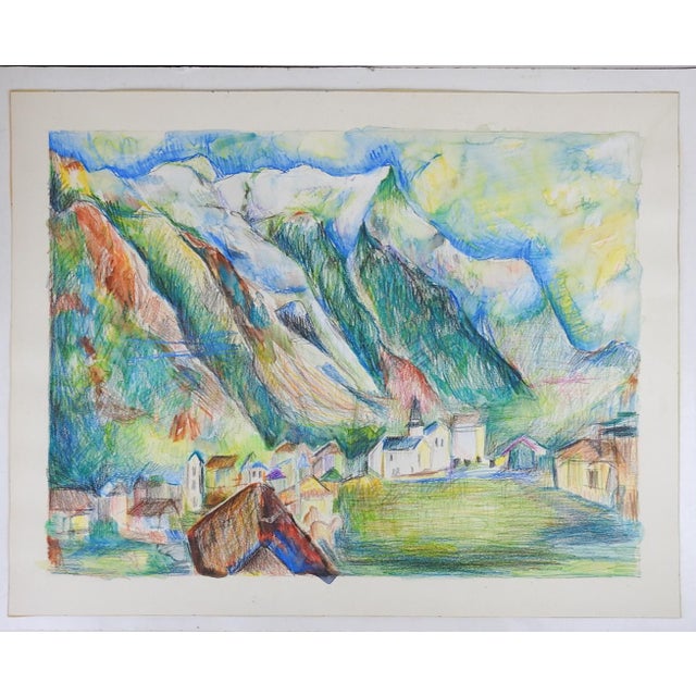 Vintage Modernist Mountain Village Mixed Media Painting For Sale - Image 4 of 5