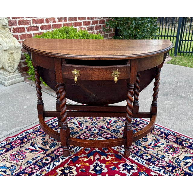 Antique English Demilune Table Drop Leaf Barley Twist W Drawer Oak Round 1920-30 For Sale In Dallas - Image 6 of 12