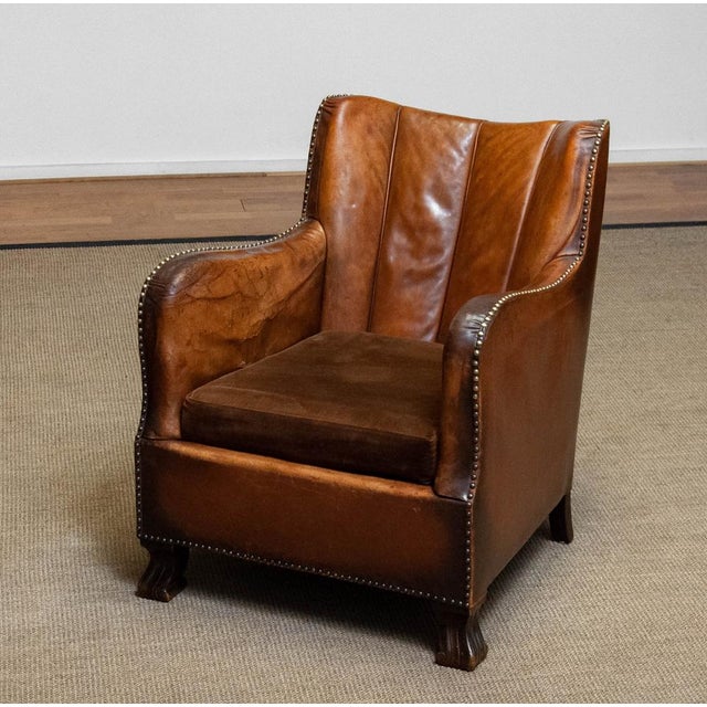 Club Chair in Tan Brown Patinated Leather in the style of Fritz Hansen, 1930s For Sale - Image 16 of 16