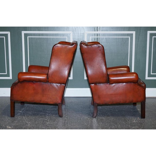 Hand-Dyed Burgundy Brown Leather Wingback Chairs, Set of 2 For Sale - Image 4 of 8
