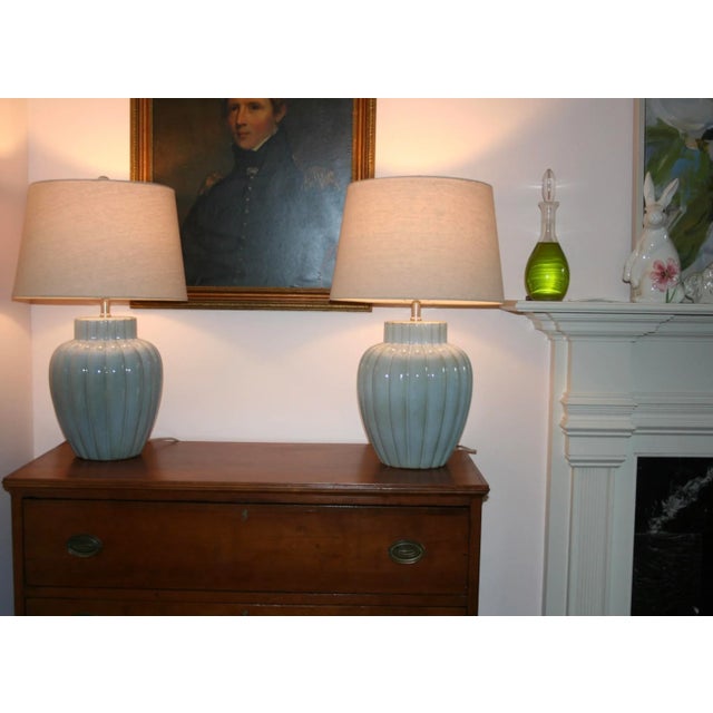 Mid-Century Modern Ribber Blue-Green Gould Lamps For Sale - Image 3 of 5