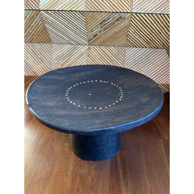Vintage 22” Black Cerused Wood Low Table With Brass Accents For Sale - Image 4 of 16