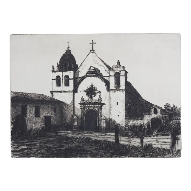 Vintage Early 20th Century Carmel Mission Basilica Etching For Sale