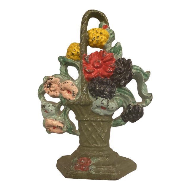 1930s Hubley Vintage Cast Iron Floral Basket Doorstop For Sale
