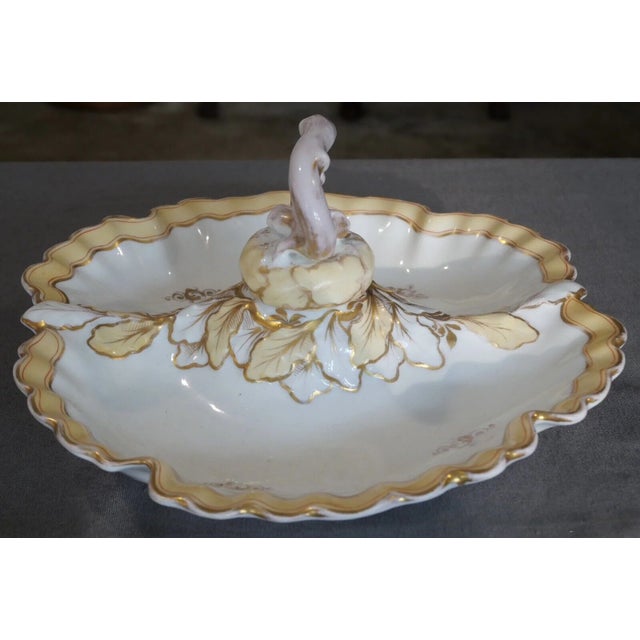 Victorian Circa 1880 Danish Victorian Art Nouveau Bing & Grondahl Porcelain Gilded Leaf Motifs Tidbit Server With Figural Onion Handle For Sale - Image 3 of 7