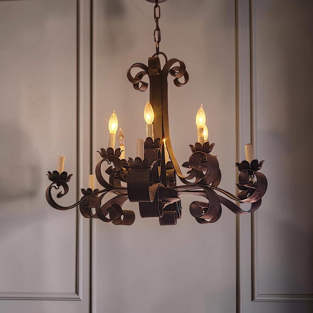 Huge 1920s Spanish Revival Style 6 Arm 12 Candelabra Charcoal Wrought Iron Pendant Chandeliers For Sale In Palm Springs - Image 6 of 6