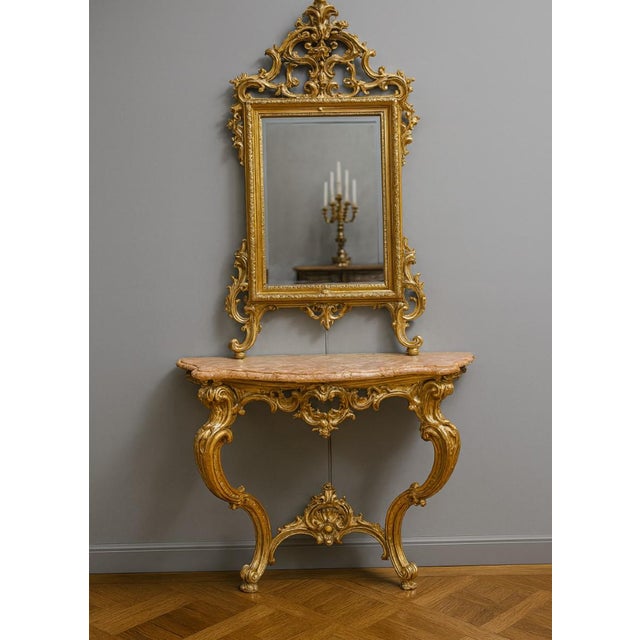 Wood Louis XV Style Curved Castle Console and Mirror in Gilded and Silvered Wood For Sale - Image 7 of 7
