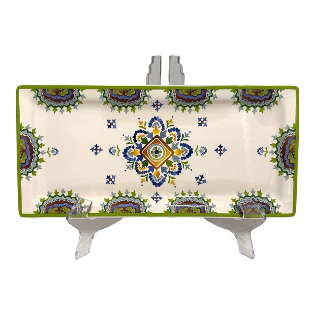1980s Ceramic Serving Platter With Talavera Style Hand-Painted Decorations For Sale
