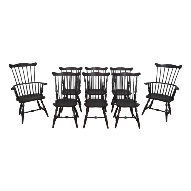 Set of 8 Black Crackle Painted Finish Windsor Dining Room Chairs For Sale