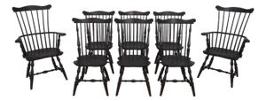 Set of 8 Black Crackle Painted Finish Windsor Dining Room Chairs