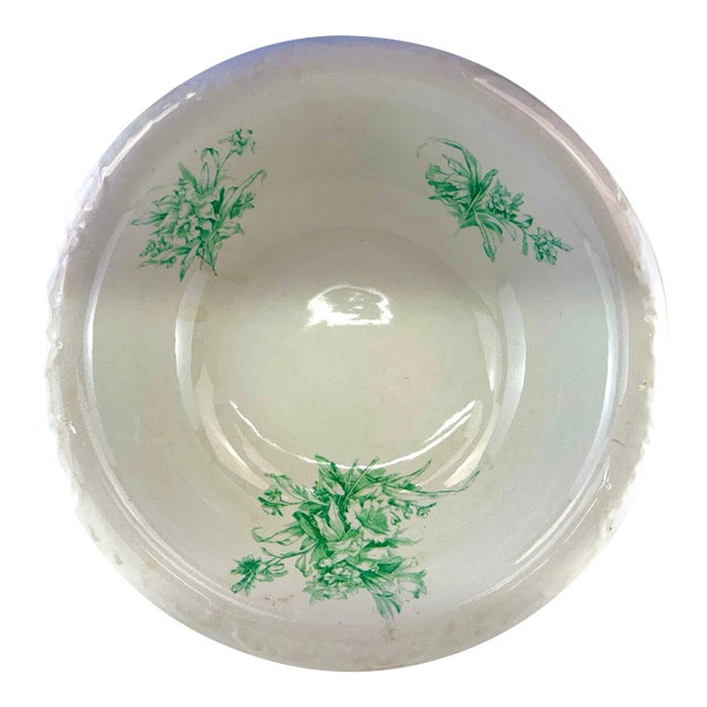 Antique French Digoin Ironstone Serving Bowl Green Floral For Sale