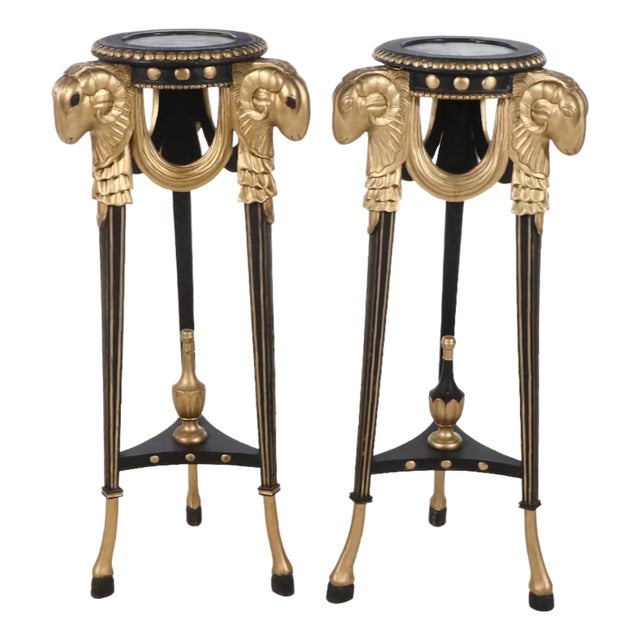 Late 20th Century Neoclassical Marble & Painted Wood Pedestal Tables - Pair For Sale