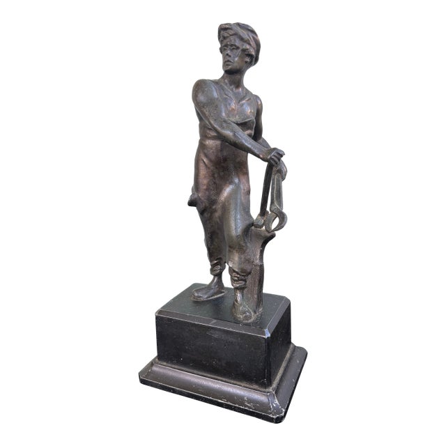 Early 20th Century Bronze-Tone Blacksmith Figure Sculpture on Stepped Base For Sale