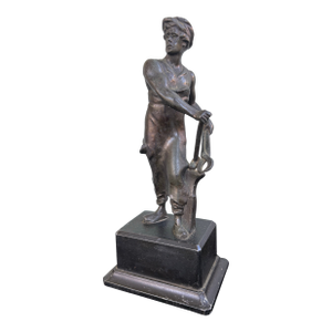 Early 20th Century Bronze-Tone Blacksmith Figure Sculpture on Stepped Base