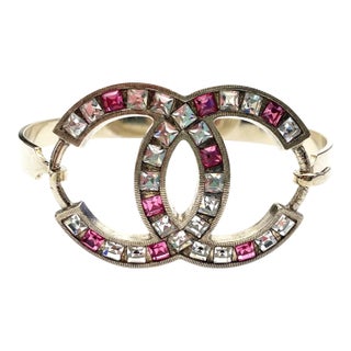 Chanel Light Gold CC Pink Princess Crystal Bangle Bracelet For Sale