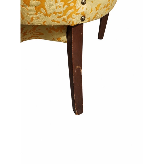 Canary Yellow Vintage Wingback Lounge Chair With Solid Wood Frame & Yellow Damask Upholstery For Sale - Image 8 of 9