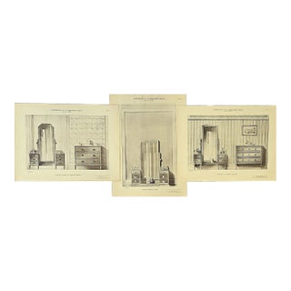 C1920s-Set of 3 French Antique Art Deco Architectural Interior Design Lithographs- Vanity Dressing Tables For Sale