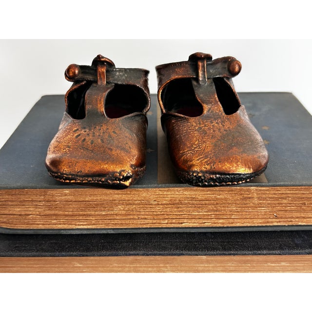 Vintage Pair Mid Century Modern Copper Plated Baby Shoes Nursery Decor For Sale - Image 10 of 14