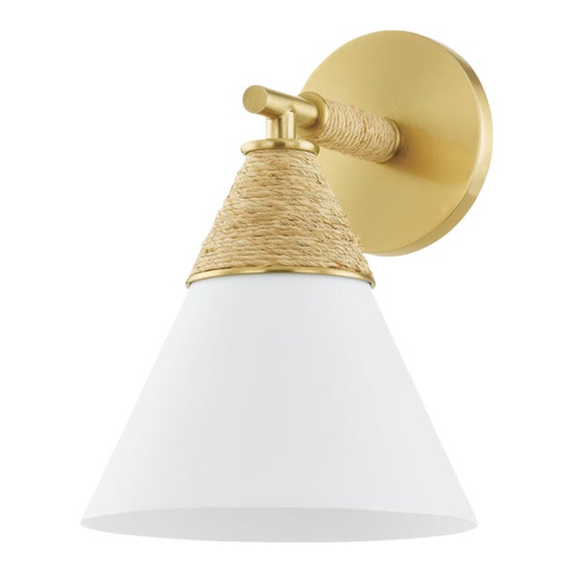 Mitzi Mica 1-Light Wall Sconce with Rattan Accent, Aged Brass For Sale