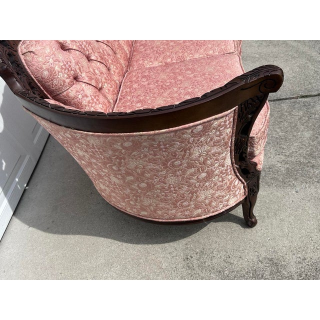 Victorian Vintage Victorian Carved Walnut Tufted Loveseat in Blush Jacquard For Sale - Image 3 of 8