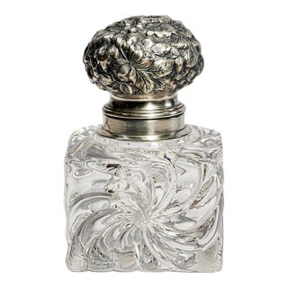 Magnificent Antique Victorian Sterling Silver Repoussé Floral & Swirl Crystal Desk Paperweight Inkwell Luxury Home Decor For Sale
