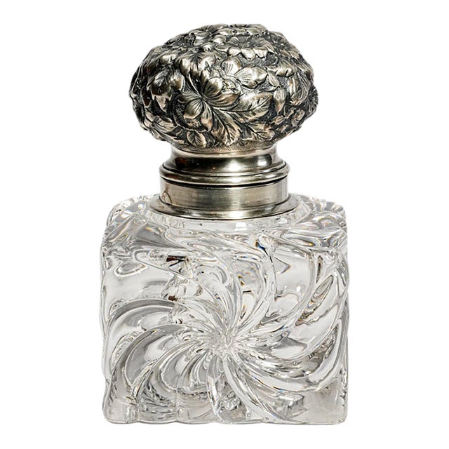 Magnificent Antique Victorian Sterling Silver Repoussé Floral & Swirl Crystal Desk Paperweight Inkwell Luxury Home Decor For Sale