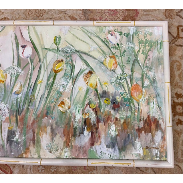 “Tiptoe Through the Tulips” | Large Vintage Floral Garden Painting in Faux Bamboo Frame | 50” For Sale - Image 10 of 12
