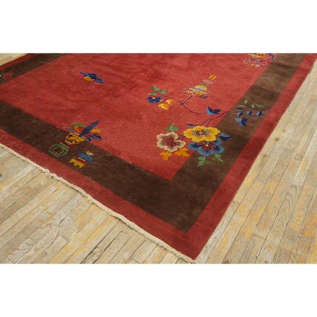 Art Deco 1920s Red Burgundy Floral Open Field Antique Chinese Art Deco Wool Rug 8' X 9'9" For Sale - Image 3 of 9