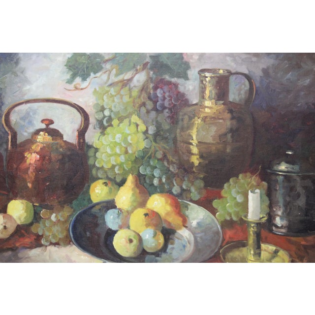 C. 20th Century Beautiful fruit still life painting w/pitcher & candelabra by Danish artist Edith Gert (1906-1983)
