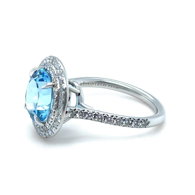 Contemporary Tiffany & Co. Platinum Soleste Aquamarine & Diamond Ring 3.95ct 7.17g, Size 5 For Sale - Image 3 of 11