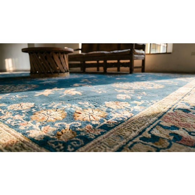 Textile Wonderful Blue and Beige Color With Unique Florid Design Antique Chinese Peking Rug For Sale - Image 7 of 9